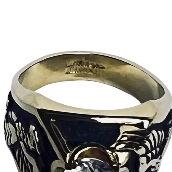 Vintage 14k Yellow Gold Electroplate And Black Enamel Men's Eagle Ring (R399) - Picture 9 of 9